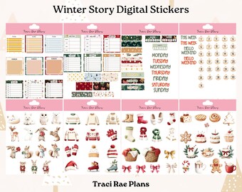 May include: A set of digital stickers featuring winter-themed illustrations. The stickers include a variety of designs, such as snowflakes, mittens, winter animals, and holiday treats. The stickers are perfect for adding a festive touch to planners, journals, and other digital projects.