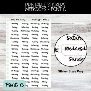 Font C Printable Weekday Script Stickers