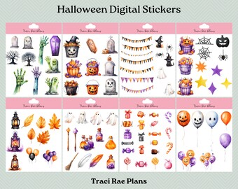 May include: A set of 8 digital sticker sheets featuring Halloween themed illustrations. The stickers include ghosts, pumpkins, candy, bats, spiders, and more. The stickers are perfect for adding a spooky touch to your planner, journal, or other projects.