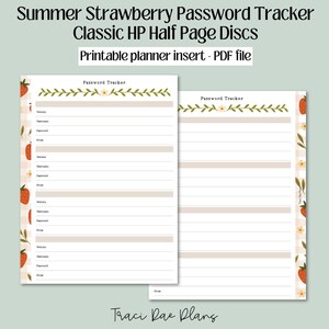 Könnte beinhalten: Druckbarer Passwort-Tracker-Planer-Einsatz mit einem sommerlichen Erdbeer-Thema. Der Einsatz hat einen weißen Hintergrund mit grünen Ranken und roten Erdbeeren. Der Text "Password Tracker" befindet sich oben auf der Seite.