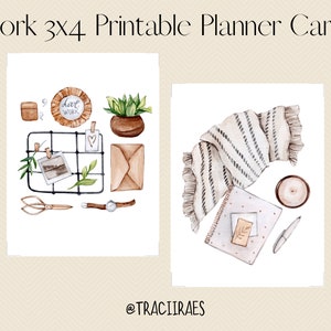 May include: Two printable planner cards with watercolour illustrations. The first card features a grid with a photo, a potted plant, a watch, scissors, and an envelope. The second card features a blanket, a notebook, a pen, and a candle. Both cards have the text "Love Work" on them.
