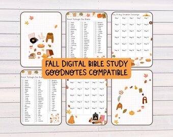 May include: A digital printable set of autumn-themed Bible study pages. The pages feature a grid pattern, autumn-themed illustrations, and the text "Fall Digital Bible Study Goodnotes Compatible".