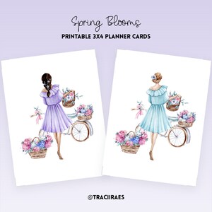 May include: Two watercolour illustrations of women riding bicycles with baskets of flowers. The woman on the left is wearing a purple dress and the woman on the right is wearing a blue dress. The text "Spring Blooms Printable 3x4 Planner Cards" is at the top of the image.