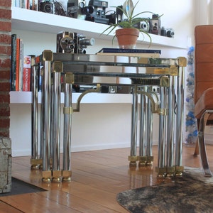 Maison Jansen Nesting Tables- Chrome with detailed Brass Accents- Hollywood Regency Style- Mid Century- Accent Tables