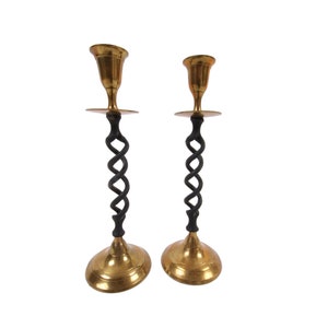 Pair of Vintage Tall Spiral Brass and Iron Candlestick Holders - Twisted Candlesticks - Open Barley Twist - Solid Brass