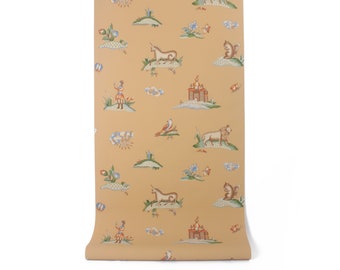 May include: A vintage wallpaper roll with a repeating pattern of a yellow background with a whimsical design of a unicorn, a lion, a bird, a castle, and a person in a red and blue outfit.