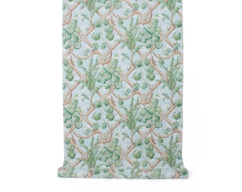 Brunschwig & Fils Vintage Wall Paper - "Riverton Trellis" - Pre Trimmed Wipeable Surface - Blue Green Brown Trellis Print - Sold by the Roll