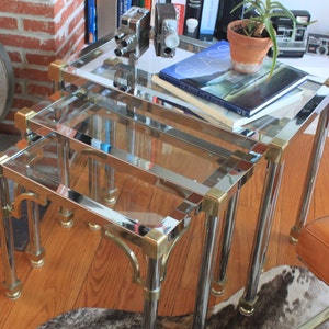 Maison Jansen Nesting Tables- Chrome with detailed Brass Accents- Hollywood Regency Style- Mid Century- Accent Tables image 2