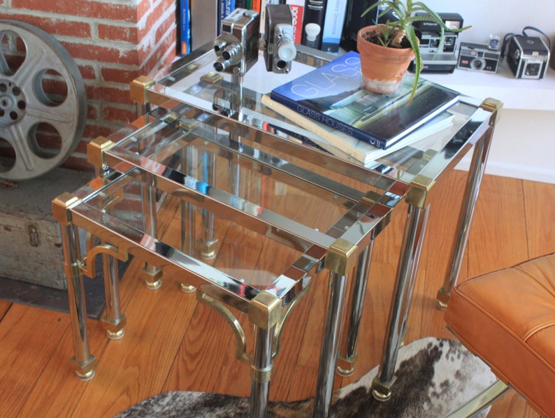 Maison Jansen Nesting Tables- Chrome with detailed Brass Accents- Hollywood Regency Style- Mid Century- Accent Tables image 2
