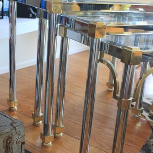 Maison Jansen Nesting Tables- Chrome with detailed Brass Accents- Hollywood Regency Style- Mid Century- Accent Tables image 4