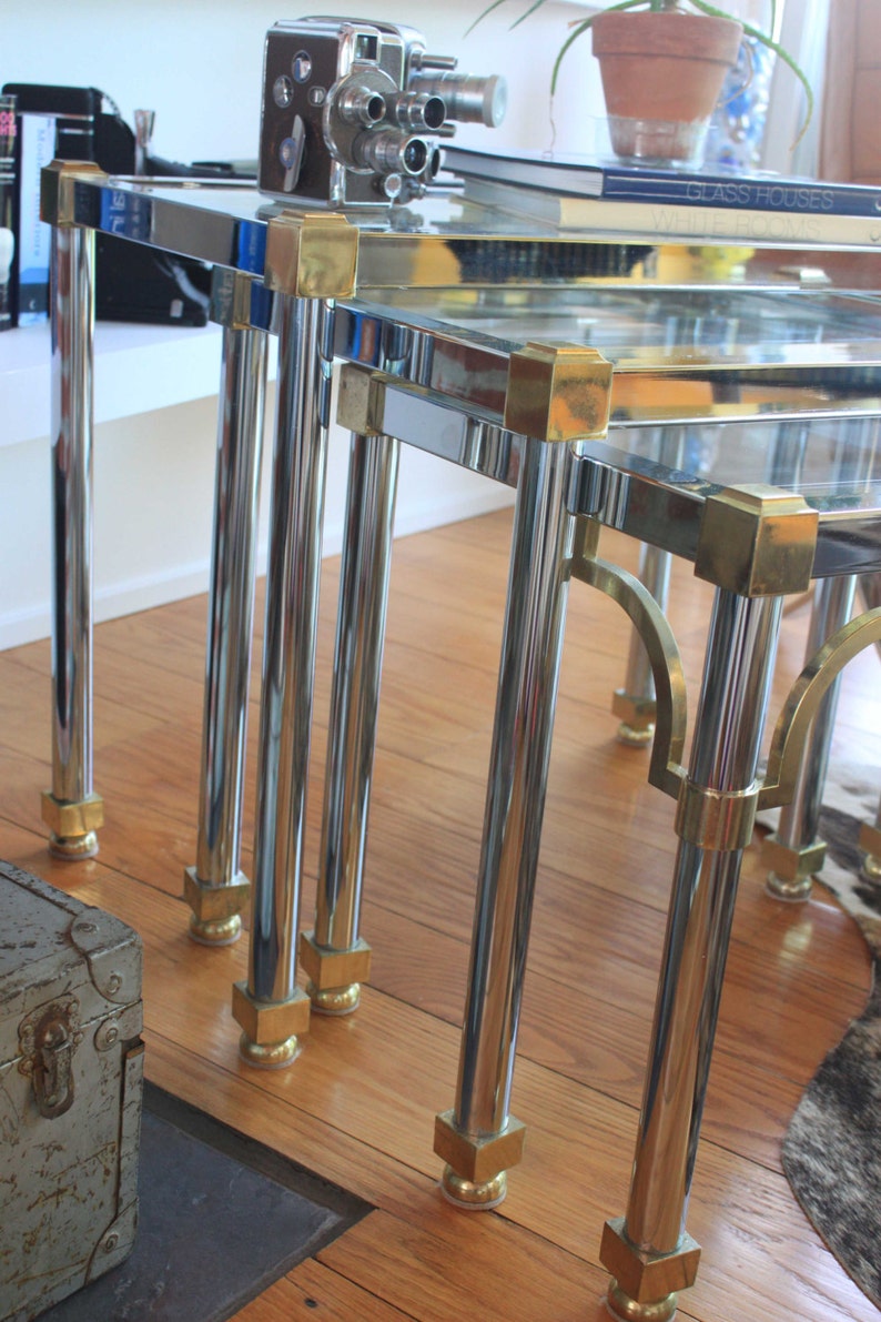 Maison Jansen Nesting Tables- Chrome with detailed Brass Accents- Hollywood Regency Style- Mid Century- Accent Tables image 4