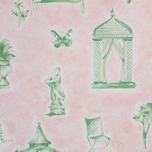 May include: Pink wallpaper with a green watercolor pattern of garden elements, including a gazebo, a statue, a potted plant, a butterfly, a chair, and a tree.