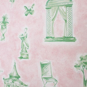 May include: A pink and green wallpaper pattern with a repeating design of garden elements, including a gazebo, a statue, a chair, a birdcage, a potted plant, a butterfly, and a tree.