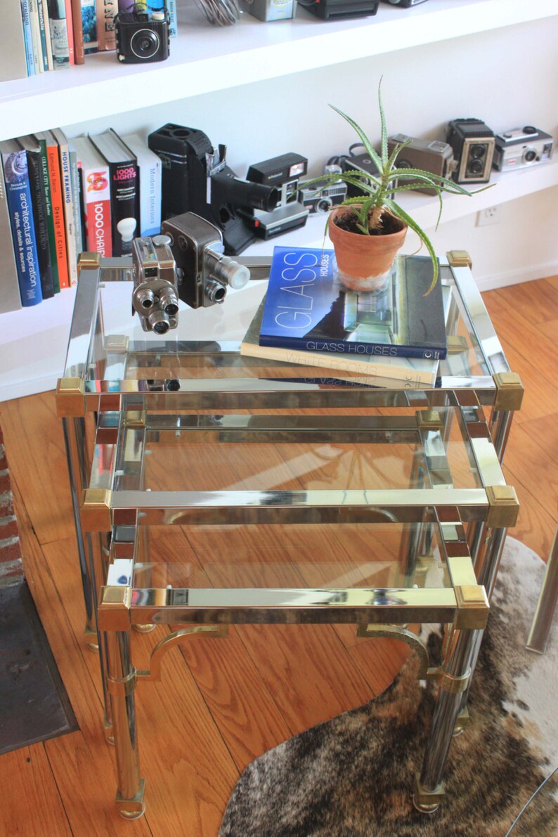 Maison Jansen Nesting Tables- Chrome with detailed Brass Accents- Hollywood Regency Style- Mid Century- Accent Tables image 3