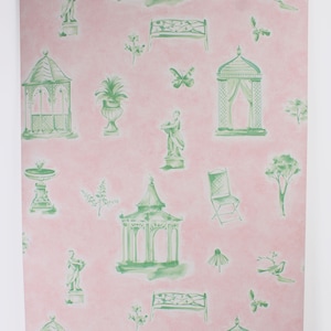 May include: A pink and green wallpaper pattern featuring a repeating design of gazebos, benches, urns, birds, butterflies, and other garden elements.