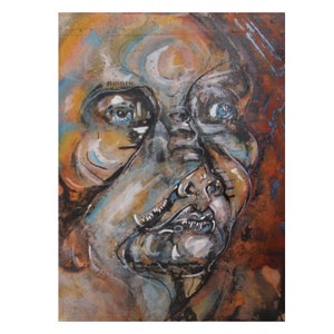 Puede incluir: Pintura abstracta de un rostro con ojos azules y un estilo texturizado y en capas. La pintura está realizada en tonos marrones, azules y blancos.