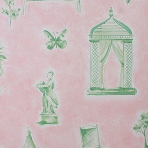 May include: A pink and green wallpaper pattern with a repeating design of a gazebo, a bench, a butterfly, a statue, a chair, and a tree. The design is reminiscent of a garden.