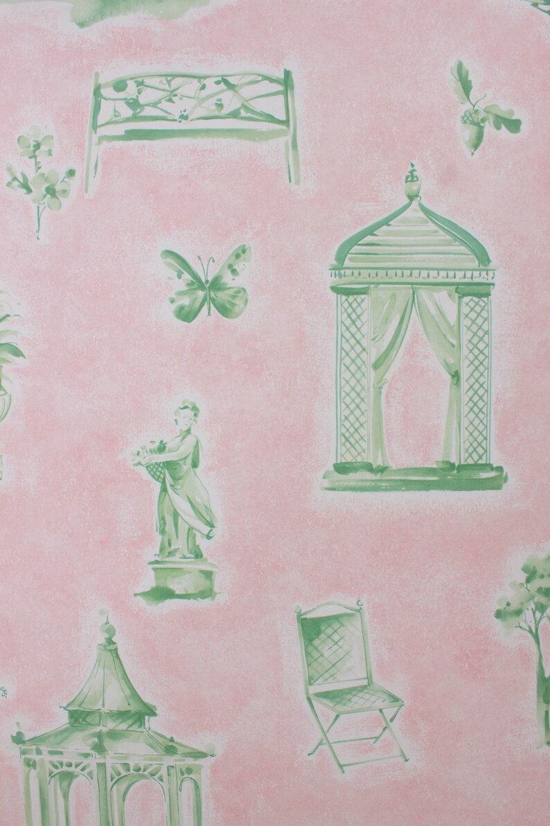 May include: A pink and green wallpaper pattern with a repeating design of a gazebo, a bench, a butterfly, a statue, a chair, and a tree. The design is reminiscent of a garden.