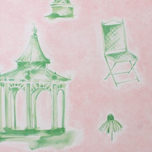 May include: A watercolor illustration of a pink background with green accents. The illustration features a gazebo, a chair, a flower, a bird, and a tree.