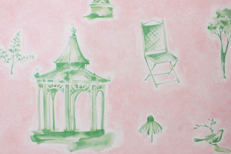 May include: A watercolor illustration of a pink background with green accents. The illustration features a gazebo, a chair, a flower, a bird, and a tree.