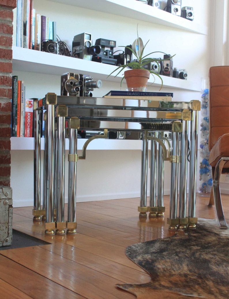 Maison Jansen Nesting Tables- Chrome with detailed Brass Accents- Hollywood Regency Style- Mid Century- Accent Tables image 1