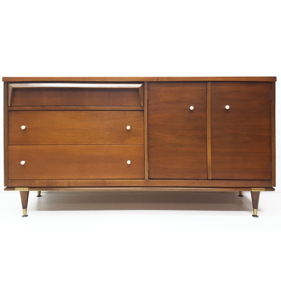 Bassett Walnut Dresser Credenza Buffet With Brass Accents By Etsy