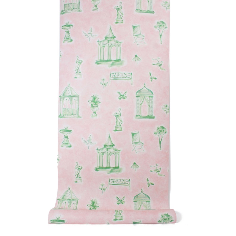 May include: Pink wallpaper with a repeating pattern of green garden elements, including gazebos, benches, birds, butterflies, and plants.