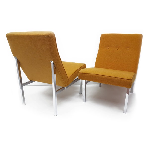 Reserved for Mike: Unique Pair of Mid Century Lounge Chairs - Mid Century Modern -Chome Base - Tufted - Mustard Rust Fabric - Office Furni