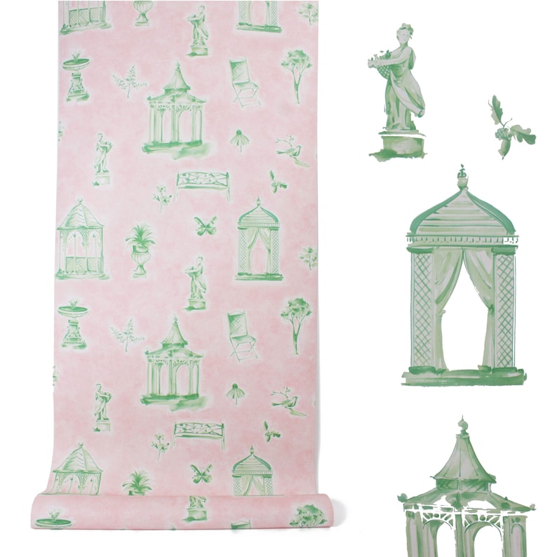 May include: Pink wallpaper with a repeating pattern of green garden gazebos, statues, and other garden elements.
