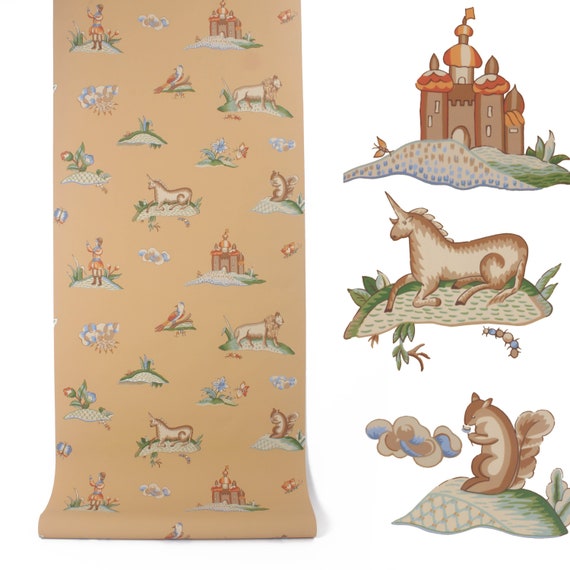 Brunschwig & Fils Vintage Wall Paper - Whimsical Nursery Print - Pre Trimmed Wipeable Surface - Tan Green Blue - Sold by the Roll