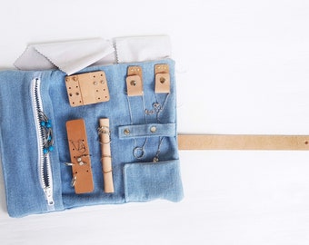 Artisan Denim & Leather Jewelry Roll, Jewelry holder, Personal Size, Jewelry Roll, Jewelry Case, Traveling Jewelry Case