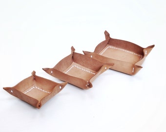 Set of 3 - Beautiful Artisan Leather Trays, Decorative Leather Valet Tray, Handstitched , Vegtanned Leather