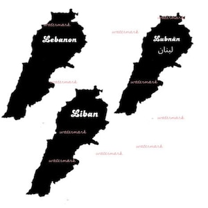 May include: Three black and white outline maps of Lebanon with the country name written in white text. The names are "Lebanon", "Liban", and "Lubnān لبنان".