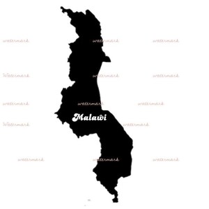 Puede incluir: Un mapa en silueta negra y blanca de Malaui. El nombre del país está escrito en blanco.