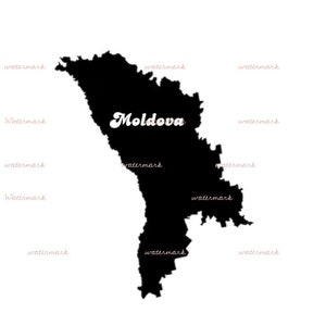 Könnte beinhalten: Eine schwarze Silhouette des Landes Moldawien mit dem Wort "Moldawien" in weißer Schrift.