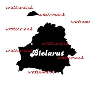 May include: A black and white map of Belarus with the country name written in white text.