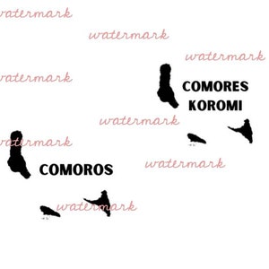May include: A black and white map of the Comoros Islands, with the names "Comoros" and "Komori" labeled.