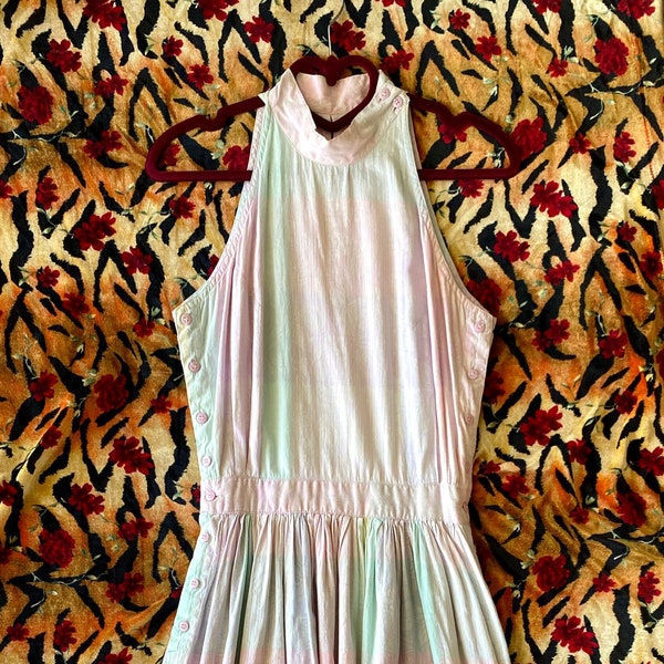 The Prettiest 1980s Pastel Plaid and Rose Cotton Halter Sun Dress size XS