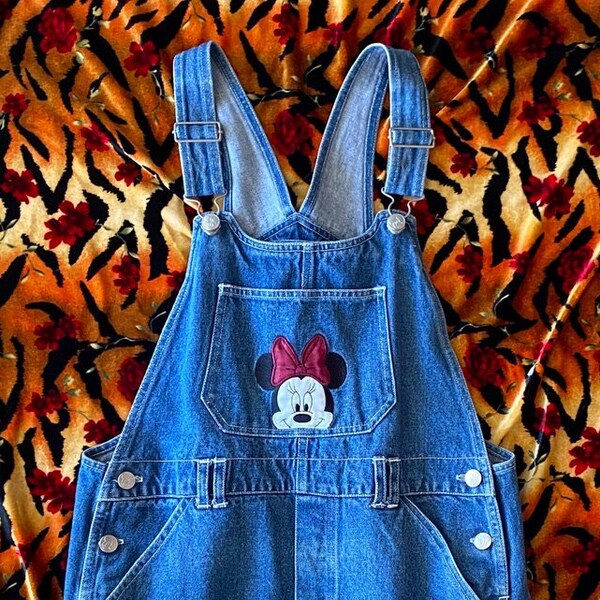 1990er Jahre Minnie Maus Denim Overall Mini Kleid mit Schnallen Taschen Größe Kinder 14/16 oder Damen XS