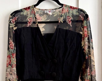 Blazer corto cruzado transparente con estampado floral, estilo vintage de los años 90, talla pequeña.