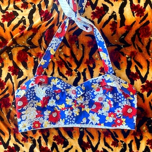 1940s/50s Reversible Handmade Primary Color Floral and Polka Dot Cropped Bra Top
