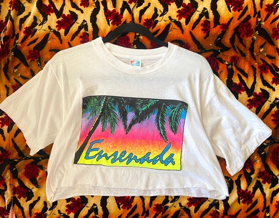 1980s ENSENADA Dayglo Palm Tree Graphic Single Stitch… - Gem