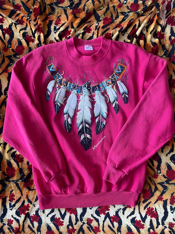 1980s MONTANA Feather Beaded Necklace Graphic Cre… - image 1