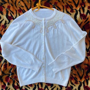 1950s Crème Beaded Cardigan Sweater size Medium