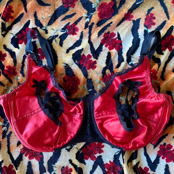 1980s Frederick's of Hollywood Red satin and black Lace Ouvert Cut-out Bra size 36D