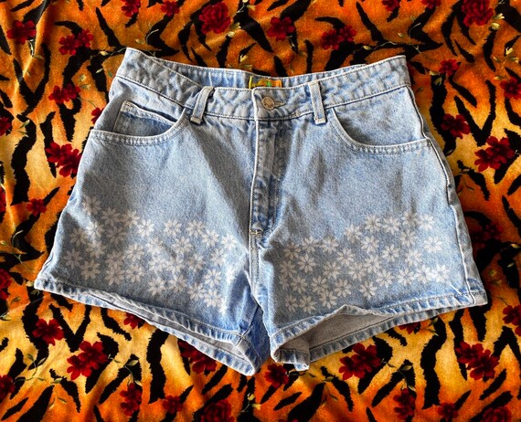 1990s PARIS BLUES High Waisted Flower Power Denim Shorts Size