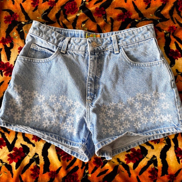 1990s PARIS BLUES High Waisted Flower Power Denim Shorts size Small-Medium Made in USA