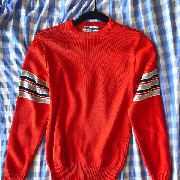 1970S Knit Pullover Sweater with Horizontal Arm Stripes size Y L or adult XS