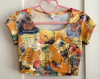 Vintage 1990s Sailing Map Collage Novelty Print Crop Top