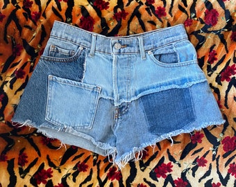 1990s High Waisted Denim Patchwork Cut-off Shorts size XS made in USA